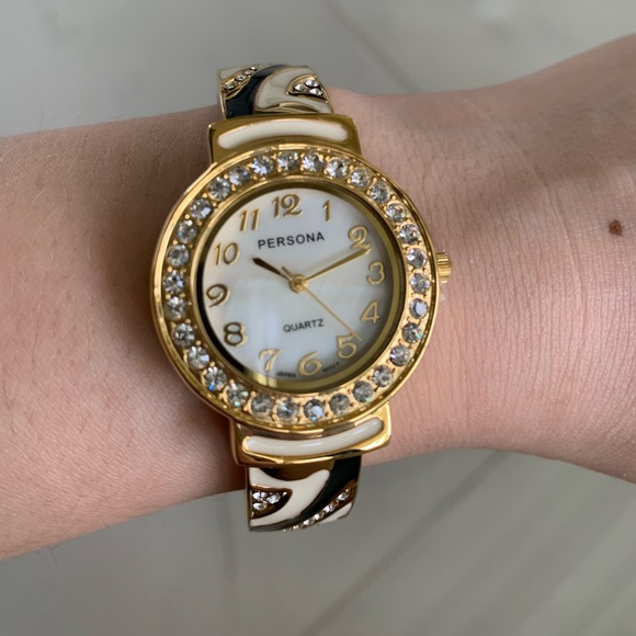 NEW Persona Black White Enamel Rhinestones Mother Of Pearl Face Ladies Watch - Picture 2 of 3